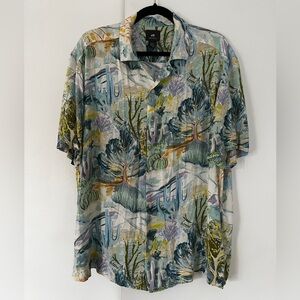 H&M Green and Blue Casual Button Down Shirt with Artistic western Nature Print.